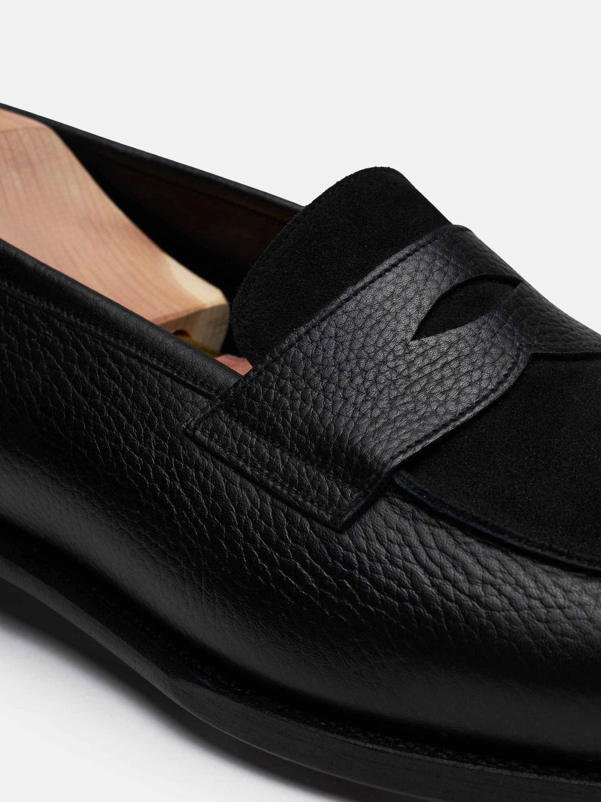 The Penny Loafer - Black Grain & Black Suede, up close
