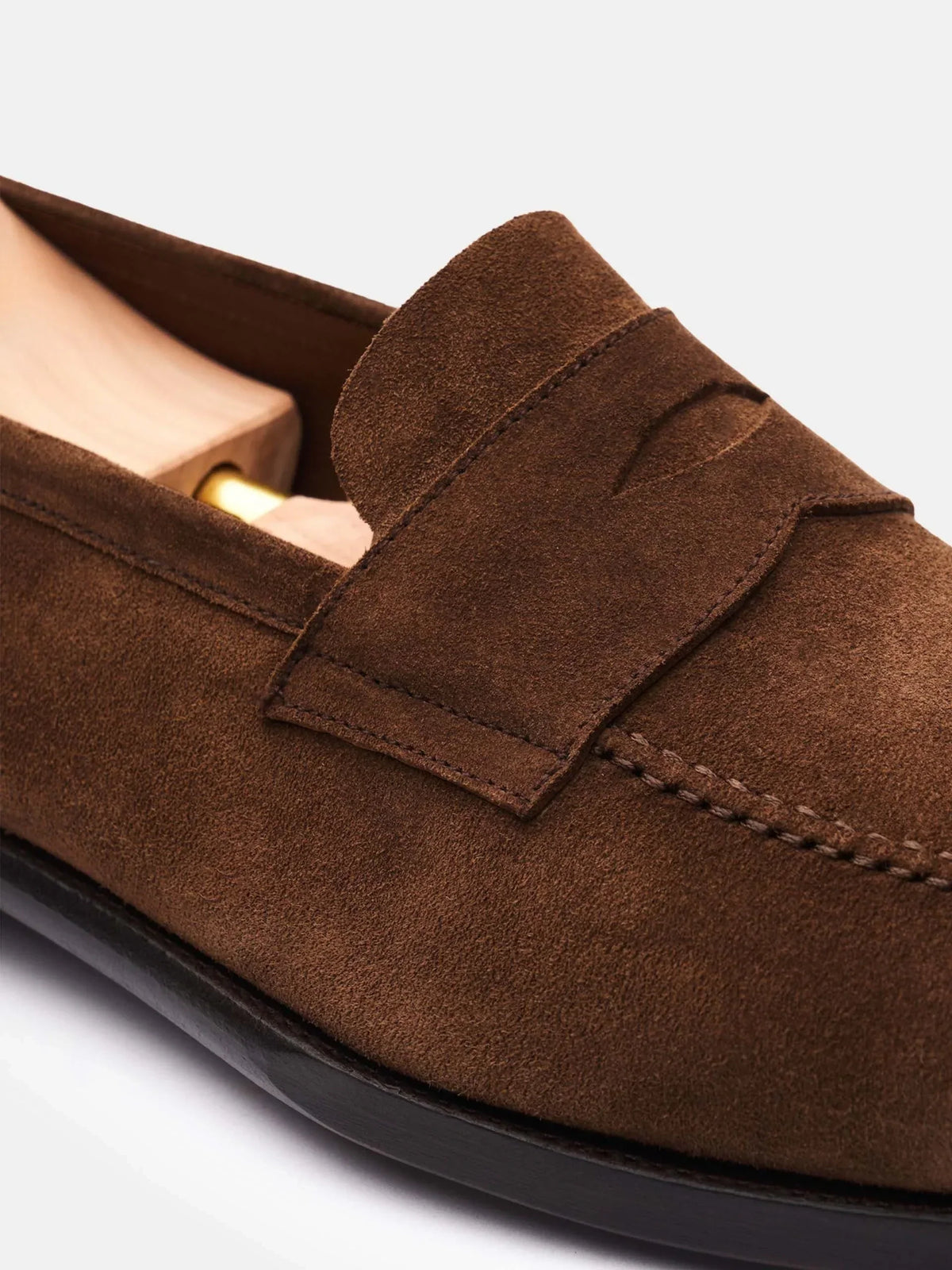 The Penny Loafer - Medium Brown Suede - Unlined, up close