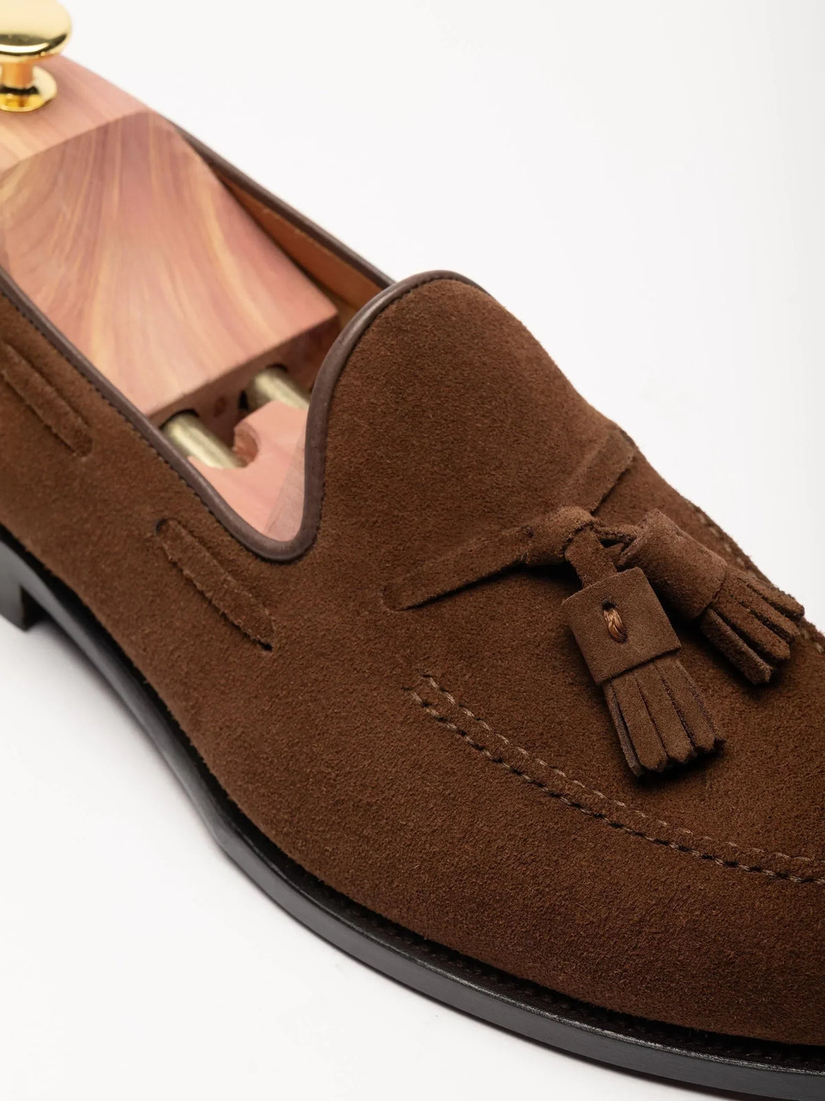 The Tassel Loafer - Medium Brown Suede, up close