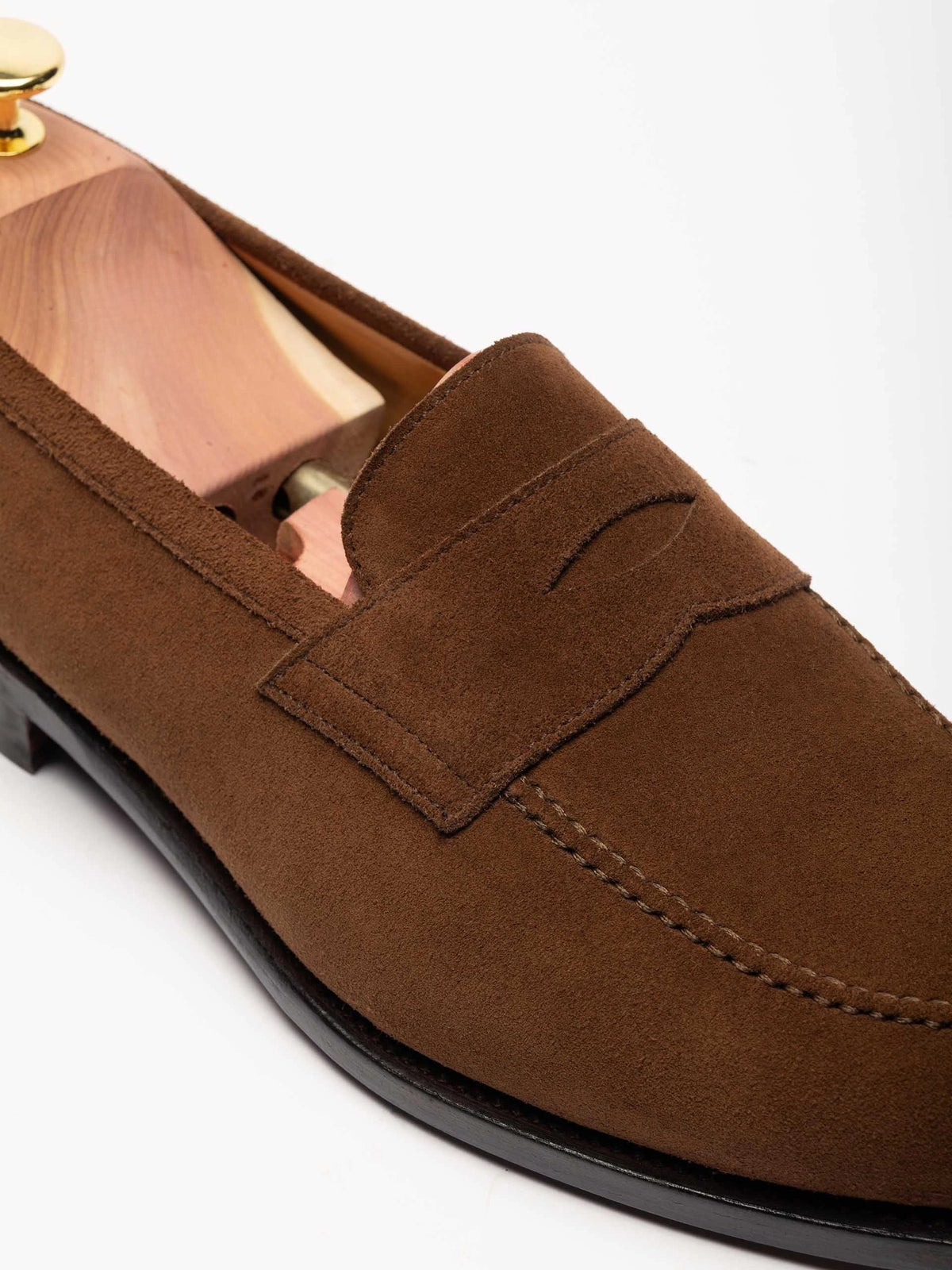 The Penny Loafer - Medium Brown Suede, up close