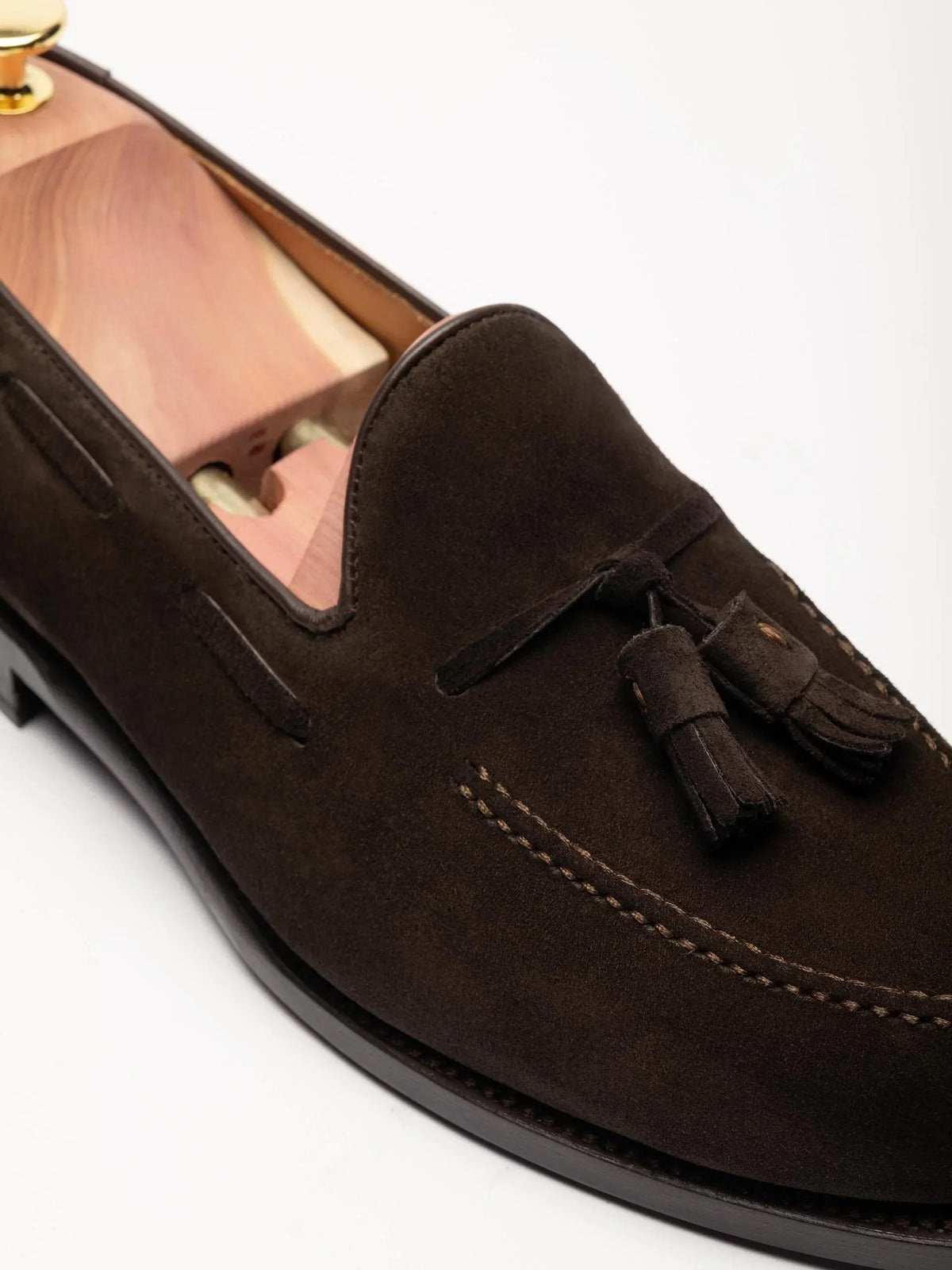 The Tassel Loafer - Brown Suede, up close