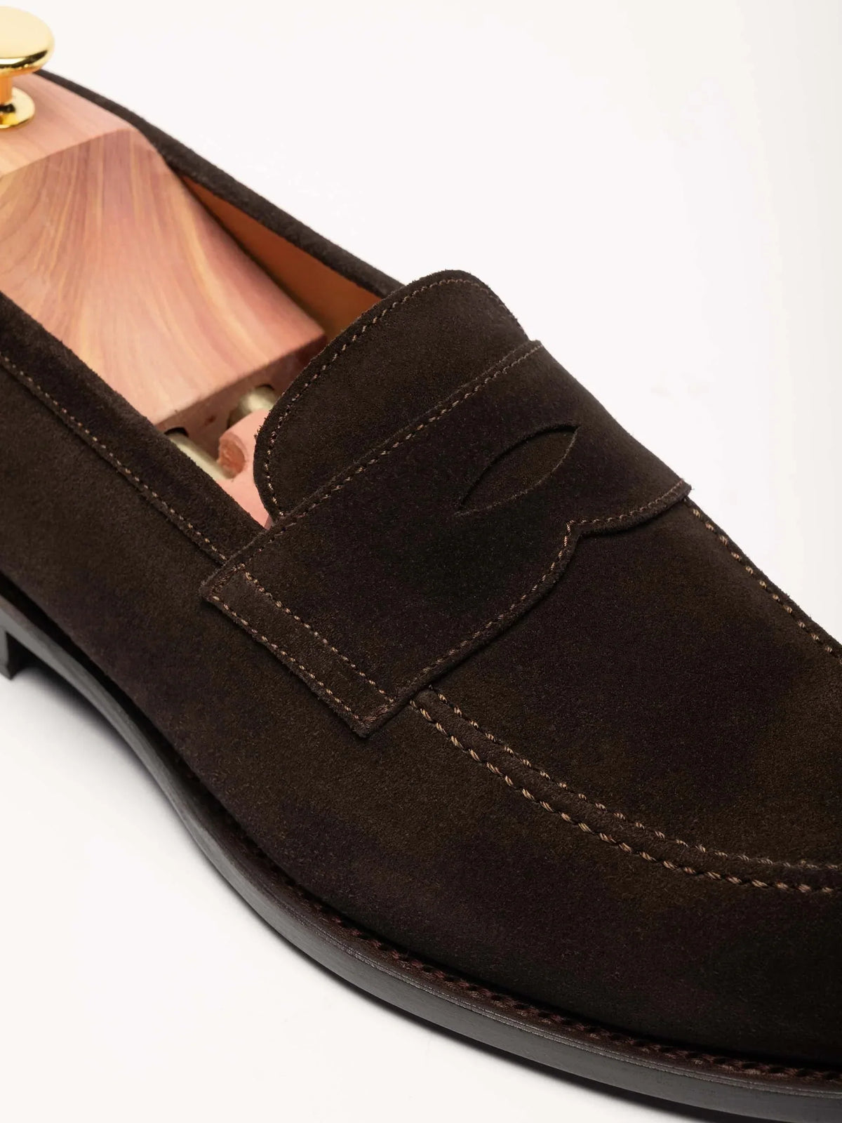 The Penny Loafer - Brown Suede, up close
